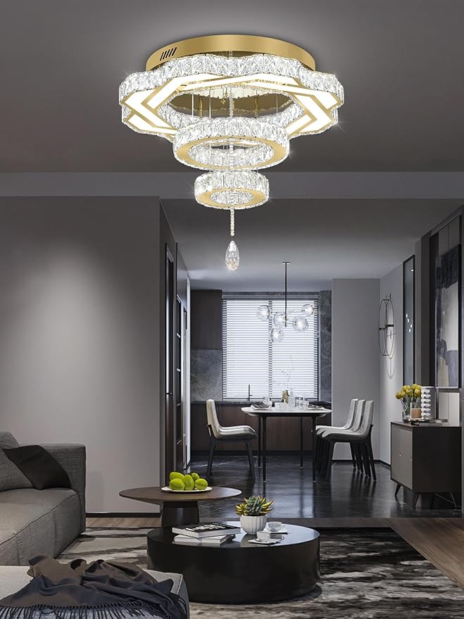 Flashing God Modern Crystal Chandeliers Dia 24" Gold Chandelier Flush Mount Ceiling Light for Bedroom Living Room Dining Room Hallway Dimmable 3 Rings LED Celing Lighting Fixtures-Ruum Studio Home