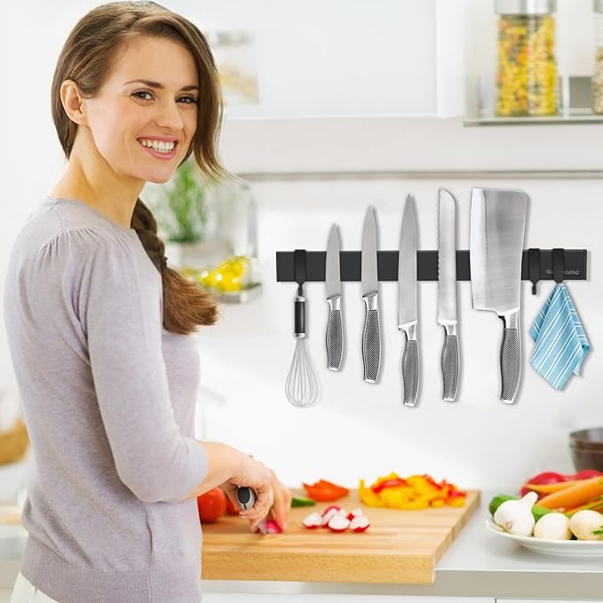 Magnetic Knife Holder for Wall 17 Inch, No Drilling black knife magnetic strip with 3 Hooks, Strong Magnet Knife Holder strip, Magnetic Knife Rack Bar for Kitchen Knives and Tools-Ruum Studio Home