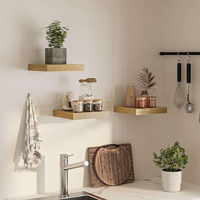 Square Floating Shelves for Wall, 12" W x 12" D x 1.2" H, Small Wooden Wall Mounted Display Shelves with Invisible Brackets for Living Room, Bedroom, Bathroom, Kitchen Decor, Set of 3, Oak-Ruum Studio Home