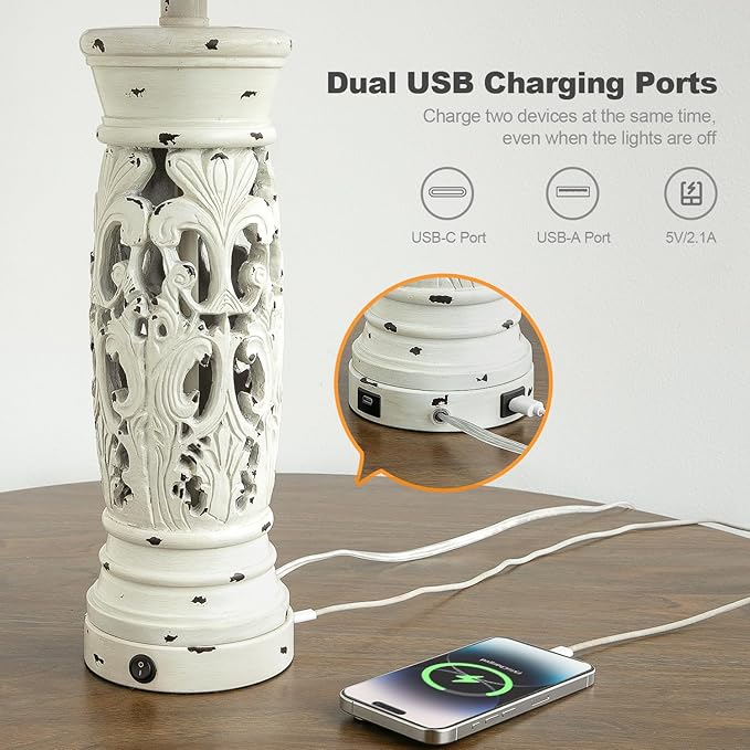 BOBOMOMO 27.25” Farmhouse Table Lamps Set of 2 – Antique White Bedside Lamps with Night Light & USB A+C Ports, Vintage Lamps for Bedroom, Living Room, Entryway, Console Table (Bulbs Included)-Ruum Studio Home