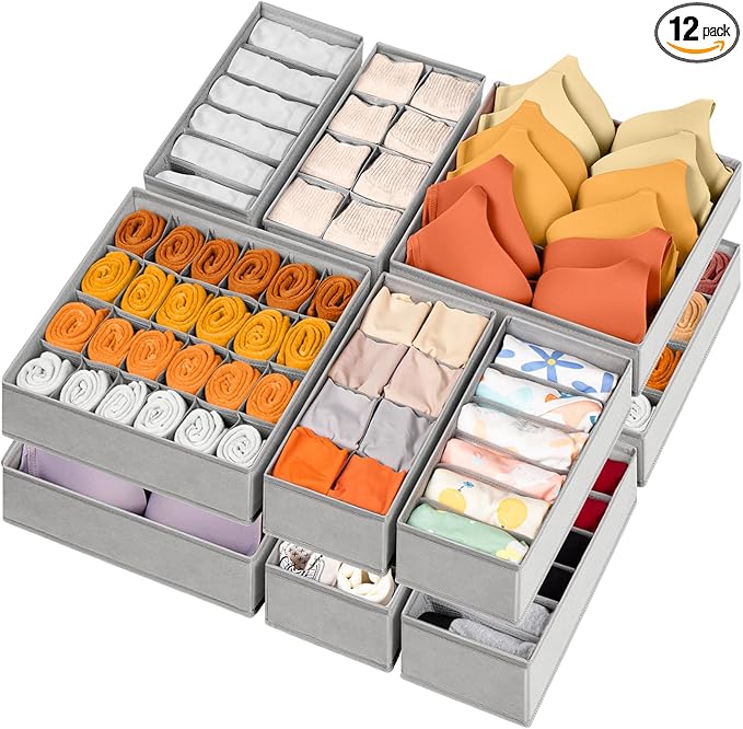 12 Pack Sock Underwear Drawer Organizer Dividers, 116 Cells Fabric Foldable Dresser Closet Organizers and Storage Bins for Baby Clothing, Women Men Underwear Socks, Bra, Ties, Scarf-Ruum Studio Home