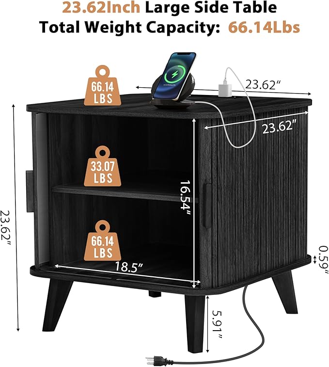 AVZEAR 24" Large Square End Table with Charging Station, Farmhouse Fluted Sofa Side Table with Sliding Tambour Door & Storage, Curved Rustic Wood Nightstand for Living Room, Bedroom, Black-Ruum Studio Home