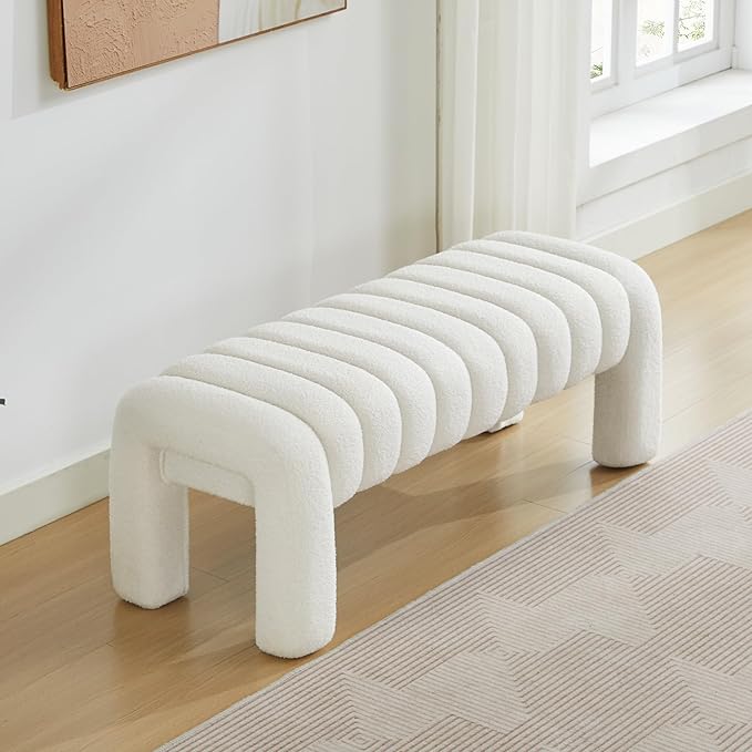 43.3" Bedroom Bench, Upholstered Entryway Bench, Modern End of Bed Ottoman with Solid Wood Legs and Adjustable Foot Pegs for Entryway, Dining Room and Living Room (White Teddy)-Ruum Studio Home