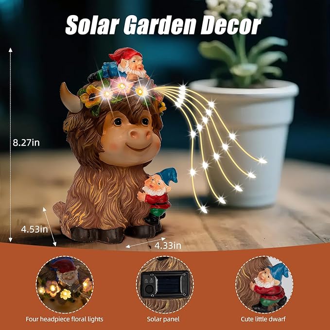 Solar Highland Cow Outdoor Statues for Garden: Outside Decor with Funny Gnomes Clearance for Yard Art Lawn Ornaments Porch Patio Balcony Home House - Birthday Gifts for Grandma Mom Women(Cow Gnome)-Ruum Studio Home