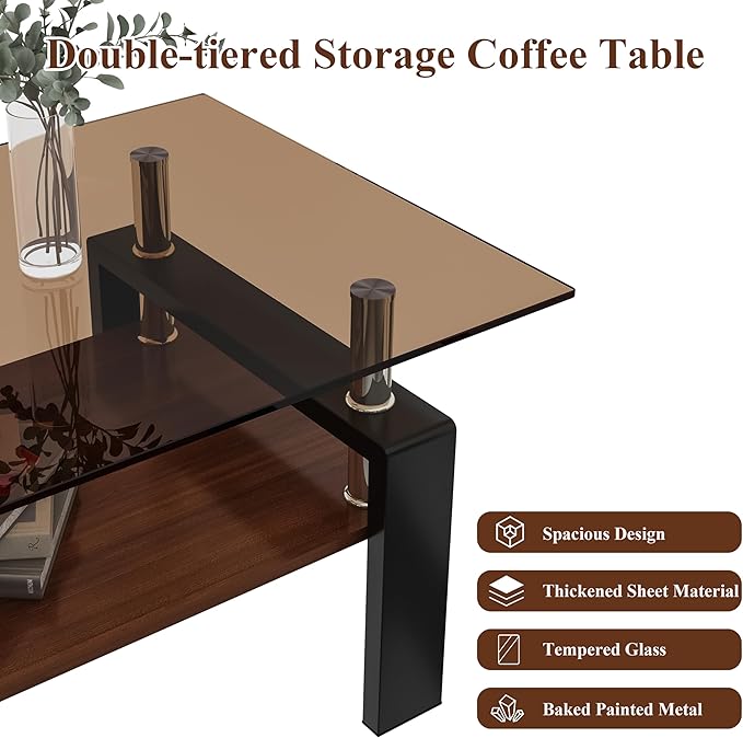 39" Brown Glass Coffee Table Walnut Modern Living Room Center Table Rectangle, with Wooden MDF Storage Layer, Black Metal Leg, for Small Apartment and Office, Brown-Ruum Studio Home