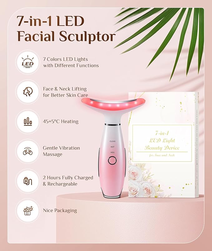 7 Color Galvanic Machines - Red Light Therapy for Face and Neck, Face Massager Tool for Wrinkles, Double Chin, Vibrating Facial Massager with Thermals, Pink-Ruum Studio Home