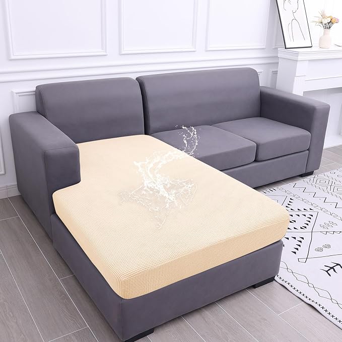 hyha Waterproof Sectional Couch Covers, Non Slip Sofa Couch Cushion Covers L Shape, Thick Stretch Jacquard Fabric, Washable Sofa Slipcovers with Elastic Bottom (1 Piece for Chaise, Beige)-Ruum Studio Home