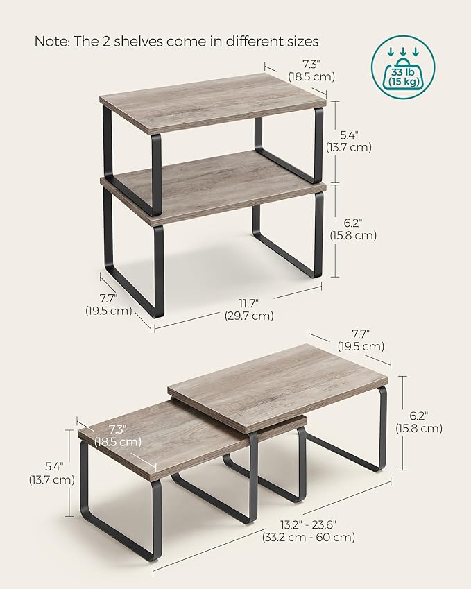 SONGMICS Cabinet Organizer Shelf, Set of 2 Kitchen Counter Shelves, Kitchen Storage, Spice Rack, Stackable, Expandable, Metal and Engineered Wood, Ink Black and Heather Greige UKCS020X02-Ruum Studio Home
