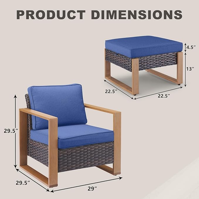 Outdoor Wicker Patio Furniture Set - 4 Piece Patio Conversation Set with 2 Wicker Armrest Chairs,2 Rattan Ottoman, Sturdy Frame, Thick Cushions, Deep Seating(Brown/Blue)-Ruum Studio Home