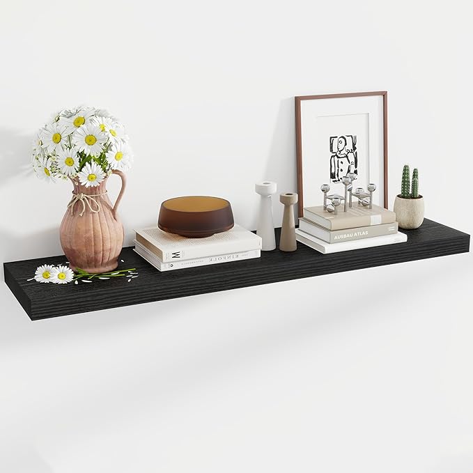 48 Inch Floating Shelves, 12 Inch Deep Floating Shelves for Wall, Floating Shelf with Invisible Brackets, Deep Shelves for Bathroom, Bedroom, Living Room, 1 Pack, Black-Ruum Studio Home