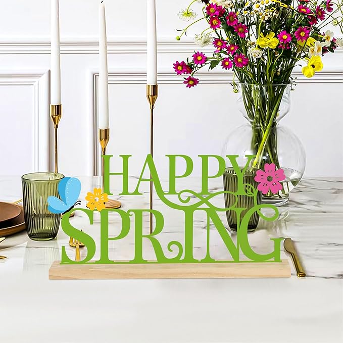 COCHIE Metal Happy Spring Sign, Spring Decorations for Home, Office, Shelf, Mantel, Indoor, Spring Flower Decor, Spring Butterfly Table Top Party Decoration (Spring)-Ruum Studio Home