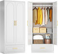 Metal Armoire Wardrobe Closet with 2 Doors, 71" Tall Wardrobe Cabinet with Hanging Rod, Drawers and Adjustable Shelves, White Clothing Storage Cabinets for Bedroom, Home Office-Ruum Studio Home