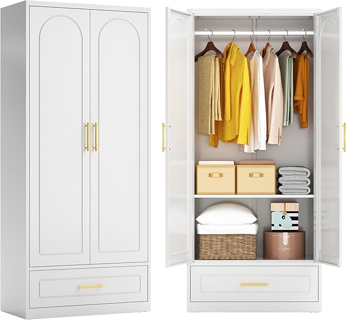 Metal Armoire Wardrobe Closet with 2 Doors, 71" Tall Wardrobe Cabinet with Hanging Rod, Drawers and Adjustable Shelves, White Clothing Storage Cabinets for Bedroom, Home Office-Ruum Studio Home