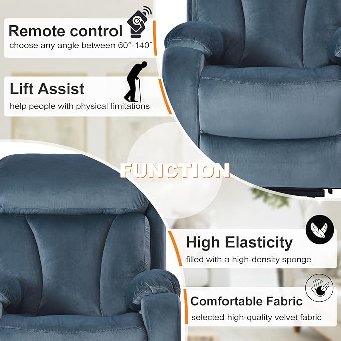 Power Lift Chair Recliners for Elderly, Modern Adult Power Lift Recliner, Velvet Upholstery Electric Lift Chair Recliner with Remote Side Pocket for Living Room(Navy Blue)-Ruum Studio Home