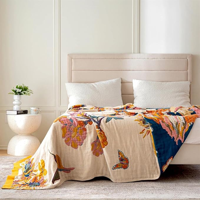 MSGKV Boho Throw Blanket King Size Warm Blanket for Couch and Sofa Blankets Cover for Living Room Blanket Throw Blanket Summer Cozy Bed Quilt(D-Flower and Butterfly, 108" x 90"(King))-Ruum Studio Home