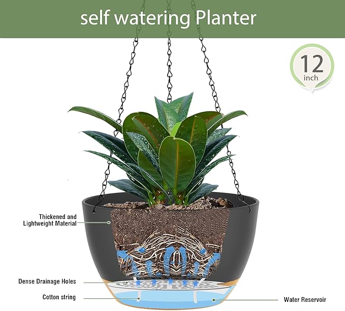 12 Inch Hanging Baskets 2 PC with Chains, Self-Watering Hanging Planters for Indoor Outdoor Plants, Plastic Hanging Flower Pots,Black Brown-Ruum Studio Home