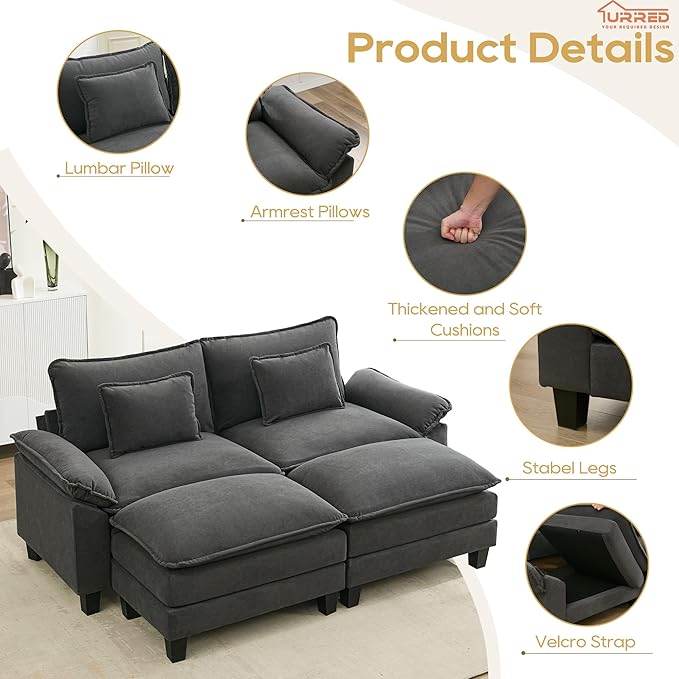 URRED Modular Sectional Sofa Comfy Cloud Couch, Modern Velvet Sofa Sleeper Deep Seat Couches with Ottoman/Pillows for Living Room (Dark Gray, 82.6''- 2 Ottomans)-Ruum Studio Home