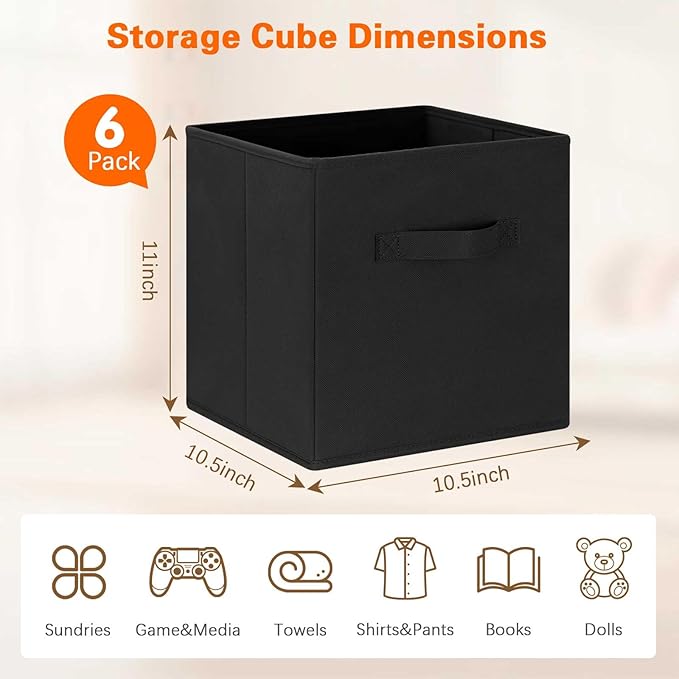 GhvyenntteS Storage Cubes 6 Pack, 11 Inch Cube Storage Bins with Dual Handles, Collapsible Heavy Duty Fabric Bins for Shelves Closet, Baskets for Organizing Clothes Bedding Toys Books (Black)-Ruum Studio Home