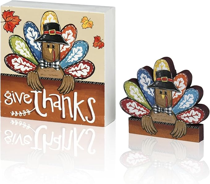 Smile Thanksgiving Wooden Decor Indoor, Turkey Decor Give Thanks Box Sign, Thanksgiving Table Tiered Tray Kitchen Decorations-Ruum Studio Home