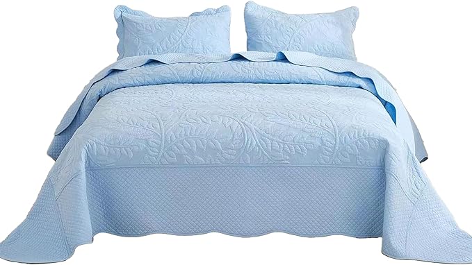 MarCielo 3-Piece 100% Cotton Oversized Bedspread Lightweight Quilt Coverlet Embroidery Farmhouse Bedding Set T0 (Light Blue, Oversized King (118"x106"))-Ruum Studio Home