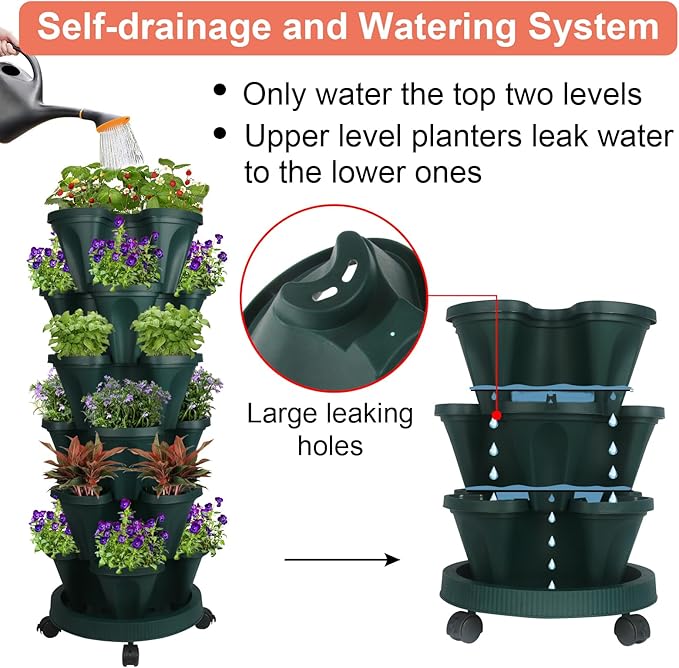Vertical Planter 6 Tier Stackable Planters Garden Planters Strawberry Herb Flower and Vegetable Planter Indoor Outdoor Gardening Pots with Removable Wheels and Tools 2-Pack-Ruum Studio Home
