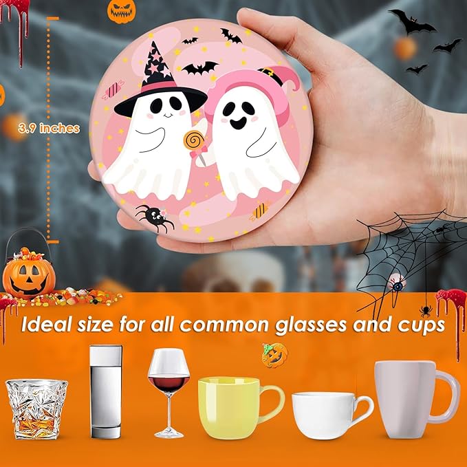 Coaster for Drinks Set of 6, Happy Halloween Cute Ghost Groovy Pink Absorbent Round Ceramic Stone Mat, with Cork Base and Metal Holder, Gift for Housewarming Room Bar Decor-Ruum Studio Home