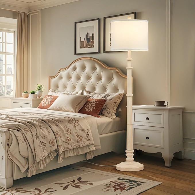 Floor Lamps for Living Room - 60" Resin Farmhouse Floor Lamp with 3 Color Temperatures - Vintage Standing Lamp Reading Light with Linen Shade Rustic Tall Lamp for Bedroom Office, Oatmeal Wash-Ruum Studio Home