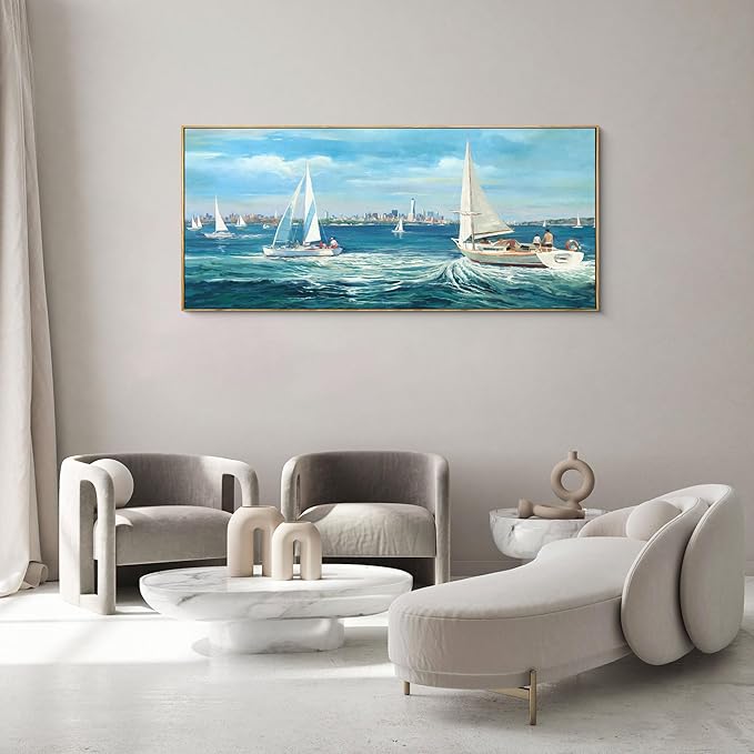XLSJERST Large Blue Canvas Wall Art Seascape Painting - Landscape Picture Textured Navy Modern Sailboat Ocean Artwork Framed for Living Room Bedroom Bathroom Home Office Wall Decor Large Size 70"x31"-Ruum Studio Home
