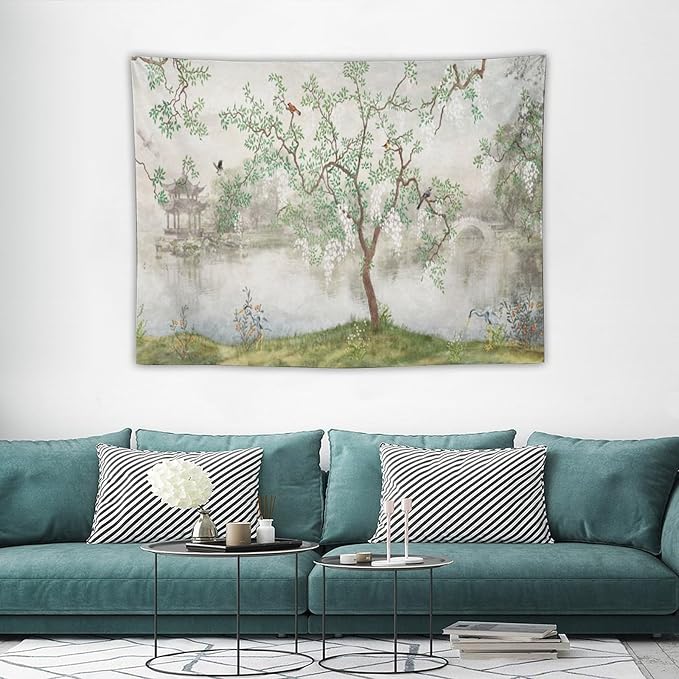 HZOHNAGO Japanese Tapestry Tree Misty Garden Lake Printed Wall Tapestry Ink Painting Wall Hanging for Bedroom Living Room Dorm 40" W x 30" H-Ruum Studio Home