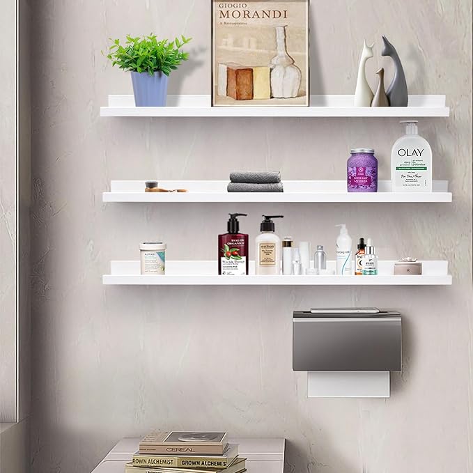 AZSKY 48 Inch White Large Picture Ledges Wood Photo Display Shelf Long Shallow Picture Shelf for Pictures with Lip Wall Mounted Set of 3 for Living Room Bedroom Bathroom Kitchen Same Sizes-Ruum Studio Home