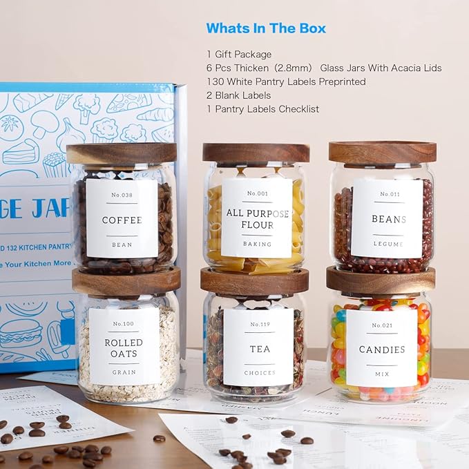 16 OZ Stackable Glass Food Storage Jars with 132 Pantry Labels Preprinted - 6 Pcs Thicken Glass Storage Containers with Airtight Acacia Lid - Clear Kitchen Canister for Spice, Tea, Coffee, Sugar-Ruum Studio Home