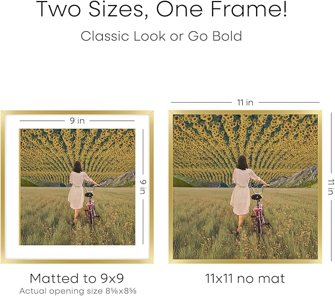 Homeforia 11x11 Picture Frame Gold, High End Metal 11 by 11 Square Frames with Mat 9 x 9 Photo, 11by11 Thin Poster Frame Matted to 9x9 inch Art, Wall Hanging Frames, Tempered Glass, Wall Kit, Set of 1-Ruum Studio Home