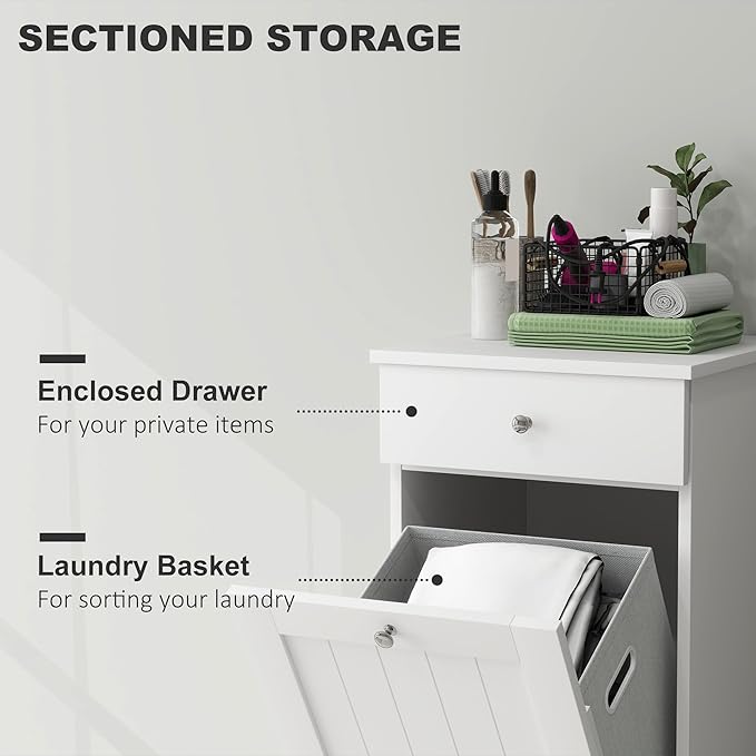 HOMCOM Laundry Hamper with Removable Basket, Tilt Out Hamper with Drawer and Beadboard Door, Bathroom Storage Cabinet, White-Ruum Studio Home