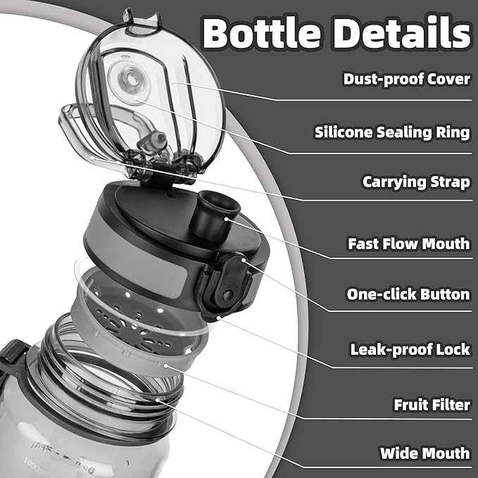 OLDLEY 32 oz Water Bottle, Motivational Water Bottle with Time Marker, Sports Water Bottle With Strap, Leakproof & BPA Free Large Water Bottles for School, Gym,Outdoor, Tritan, Transparent-Gray-Ruum Studio Home