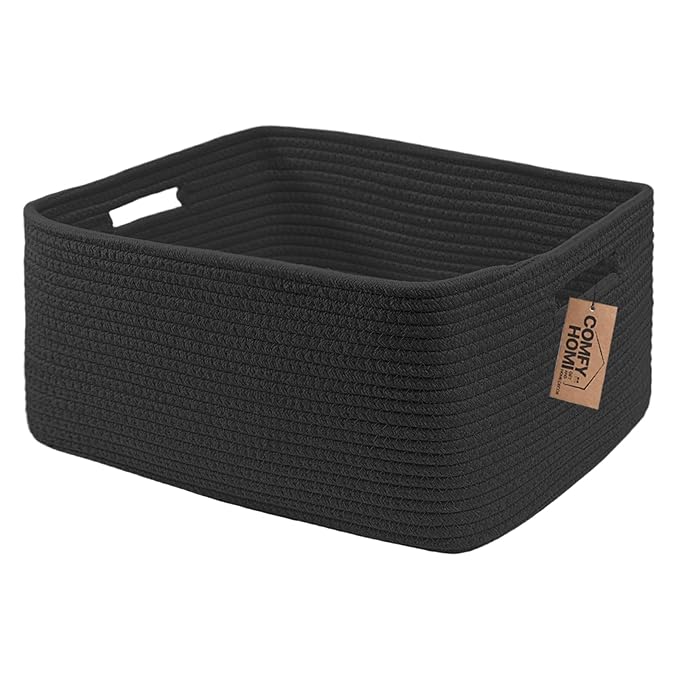 COMFY-HOMI Cotton Rope Woven Basket with Handles for Shelves,Toys,Book, Cloth Storage Baskets for Organizing-17" x 13" x 7.5" Toy Decorative Organizer for Living Room, Bathroom （all black）-Ruum Studio Home