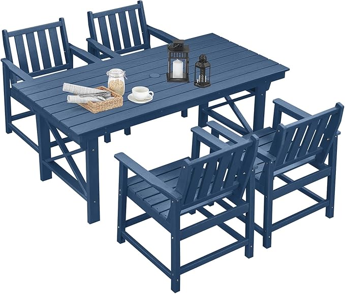 HDPE Patio Dining Set, 5-Piece Outdoor Table and Chairs with Umbrella Hole, Modern Outdoor Dining Set for 4, HDPE Outdoor Patio Furniture Dining Sets for Deck, Poolside, Porch, Navy-Ruum Studio Home