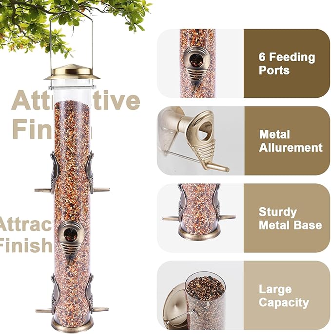 MIXXIDEA 1PK Metal Bird Feeders with 6 Feeding Ports,Tube Bird Feeder with Steel Hanger,Hard Plastic Wild Bird Feeder for Outdoors Hanging, Attracting Birds in Your Lawn, Garden, Balcony–Bronze-Ruum Studio Home