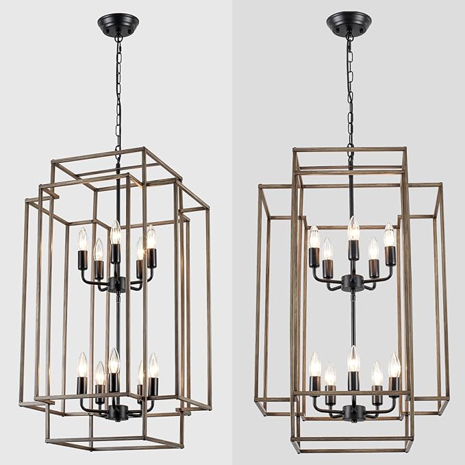 30" Black Farmhouse Chandelier, 10-Light Foyer Lighting Fixtures, Lantern Tiered Pendant Light Fixtures, Metal Wood Grain Finish Rustic High Ceiling Chandelier for Dining Room Entryway Staircase-Ruum Studio Home