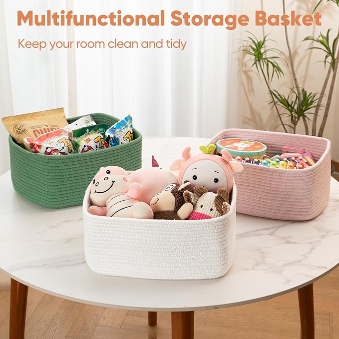 OIAHOMY 4 Pack 14.17*11.02*6.3IN Storage Baskets for Organizing Shelves, Woven Rope Baskets for Organizing Books, Clothes, Decorative Basket for Living Room, Nursery, Bedroom, Gift Basket, White-Ruum Studio Home