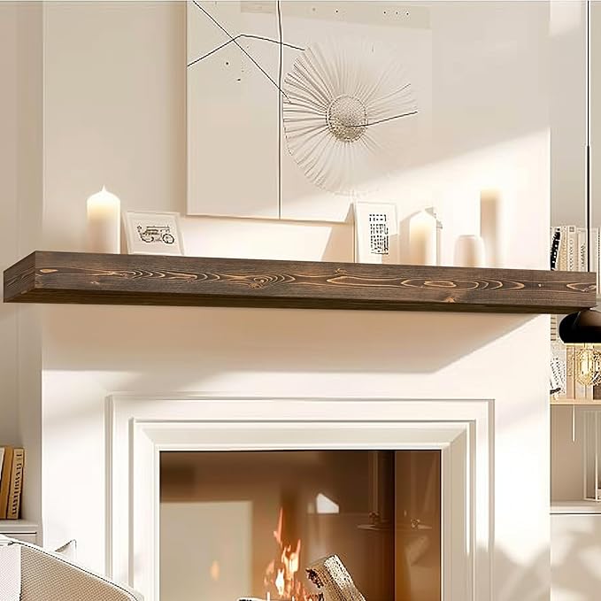 72x8x3 Fireplace Mantel - Handcrafted Hollow Rustic Solid Wood Wall Mounted Floating Shelf with Invisible Heavy Duty Wood Bracket (Weathered Brown)-Ruum Studio Home