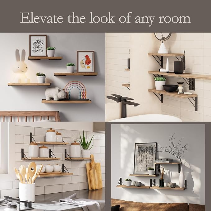 BAYKA Wall Shelves for Bedroom Decor, Floating Wall Shelves for Living Room Kitchen Storage, Wall Mounted Rustic Shelves for Kids Books, Corner Shelf for Bathroom(Carbonized Brown,Set of 4)-Ruum Studio Home