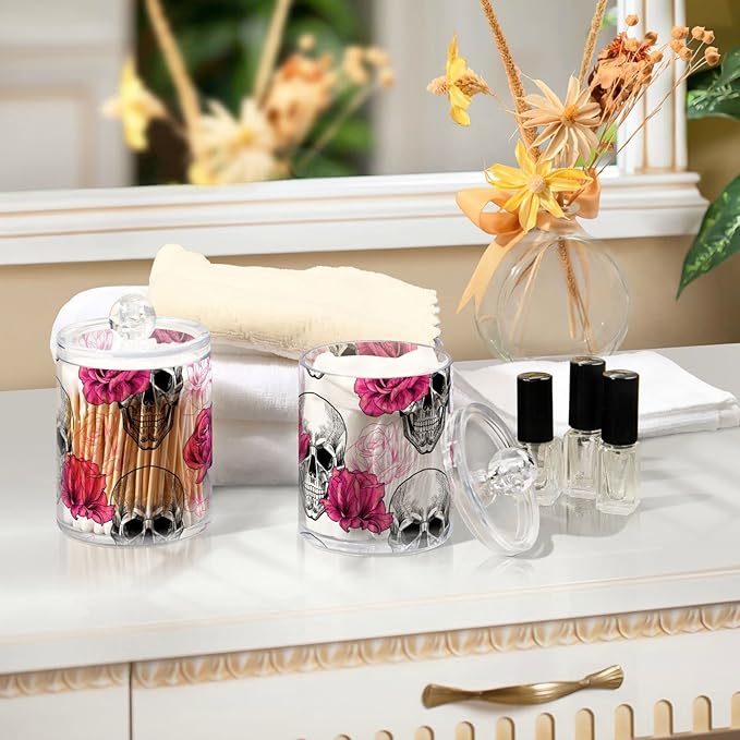 2 Pack Qtip Holder Dispenser Skull Rose Flower Bathroom Storage Canister Lid Acrylic Plastic Apothecary Jar Set Vanity Makeup Organizer for Cotton Swab/Ball/Round Pads, Floss-Ruum Studio Home