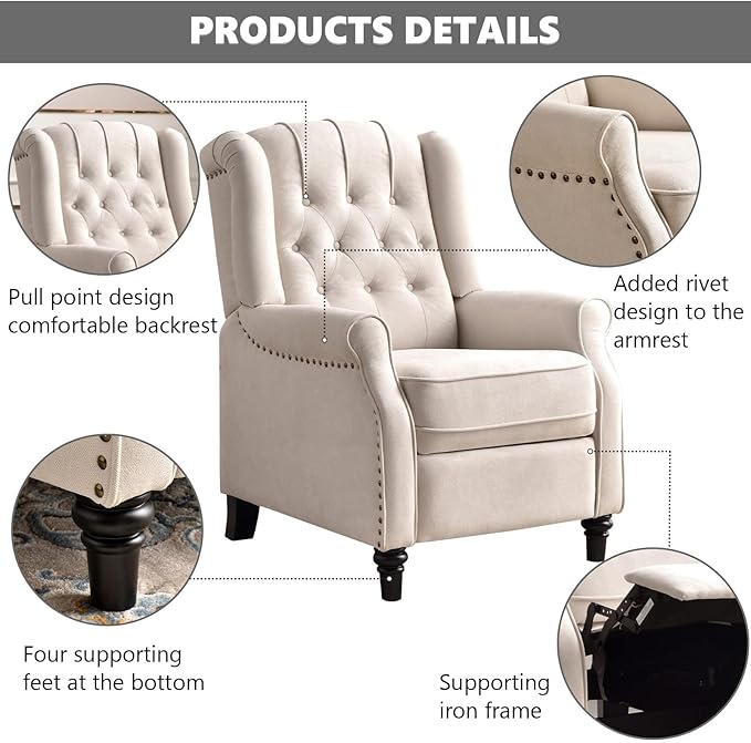 CANMOV Push Back Recliner Chair Set of 2, Elizabeth Fabric Recliner with Tufted Back Home Theater Seating w/Padded Seat and Nailhead Trim, Wooden Legs, Adjustable Single Sofa，White-Ruum Studio Home
