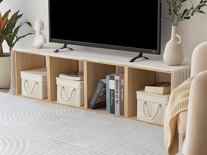 StorageWorks Storage Bins with Lids, Decorative Storage Boxes with Lid and Soft Rope Handles, Foldable Storage Baskets for Closet, Shelves, Stackable, Ivory and White, Medium, 3-Pack-Ruum Studio Home