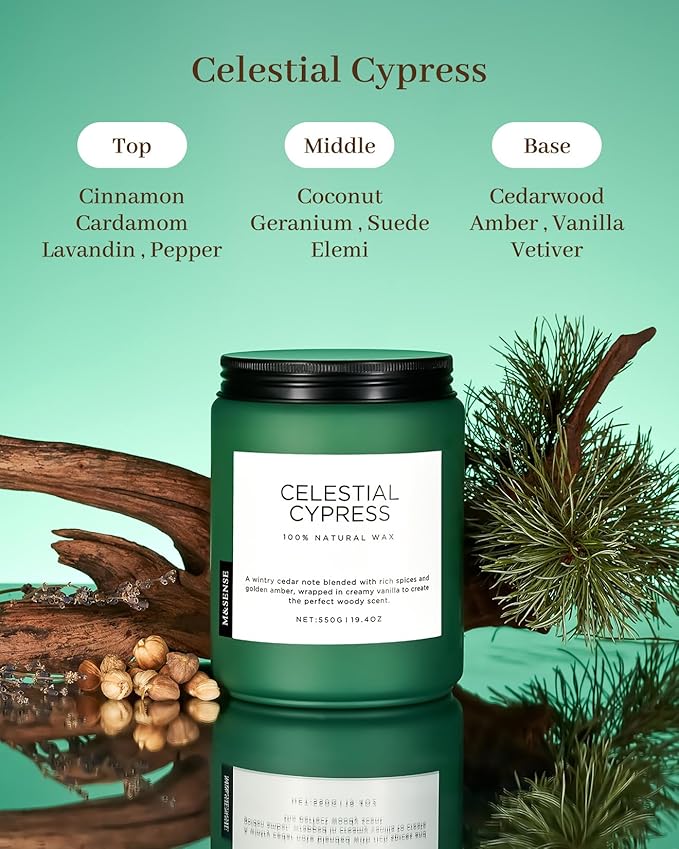M&SENSE Celestial Cypress - Cedar & Spice Soy Jar Candles, Cedarwood Cardamom Large Winter Scented Candles 19.4oz 110 Hour Long Lasting Burn, Non Toxic Natural Warm Woody Scent Gifts for Men Women-Ruum Studio Home