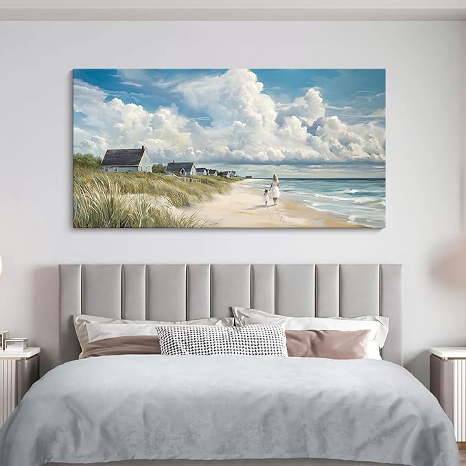 HGUAOA Coastal Canvas Wall Art - Large Landscape Wall Art for Living Room - Ocean and Beach Painting - Blue Artwork for Bedroom Decor - Above Bed Wall Pictures -Beach Theme Print Art-Ruum Studio Home