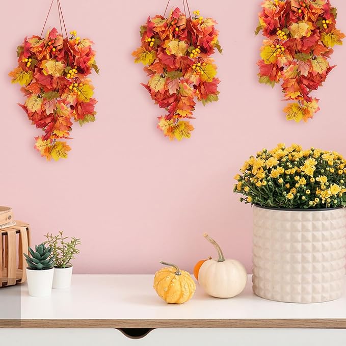 RECUTMS Fall Leaves Hanging Plant Artificial Fall Leaves Garland with Berry Fake Autumn Wall Hanging Leaf Vines for Home Halloween Party Door Frame Fireplace Decoration(Orange with Berry)-Ruum Studio Home