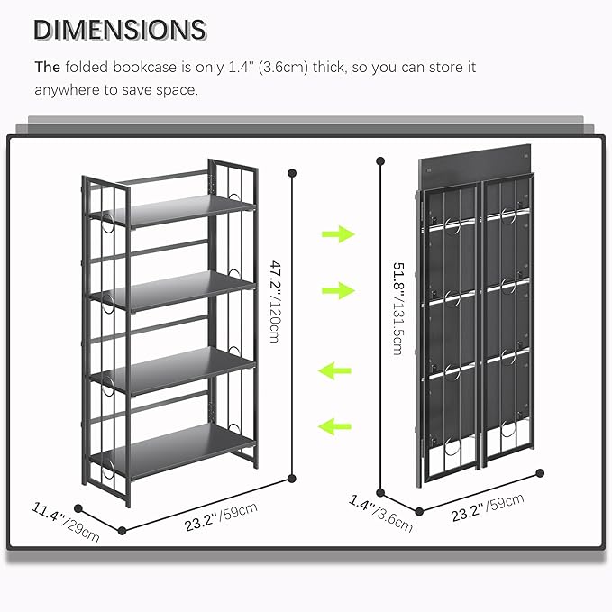 4NM No Assembly 4 Tiers Folding Bookshelf, 47.2" H Foldable Storage Shelves Vintage Bookcase Standing Racks Study Organizer Home Office - All Black-Ruum Studio Home