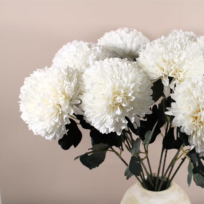 Large Faux Kiku Flower White - 10 Stems, Bulk Silk Flowers For Home Decor Indoor, Realistic Artificial Flowers, Fake White Flowers, Real Touch Flowers, Flores Artificiales Para Centro De Mesa-Ruum Studio Home