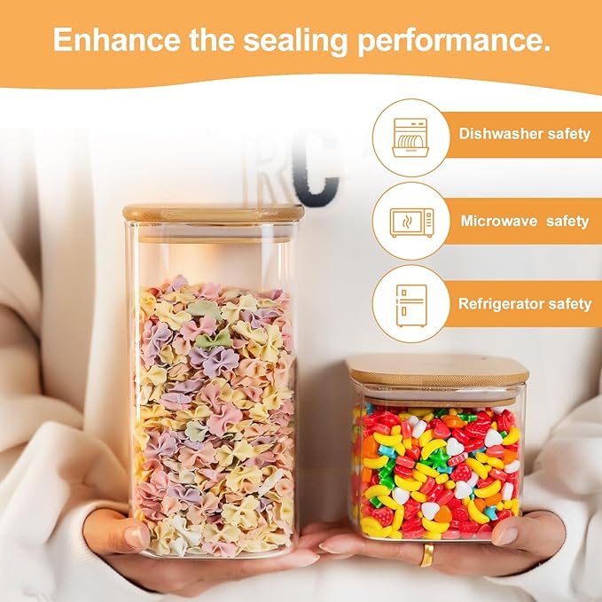 YUNCANG Glass Storage Jars 6 Pack 37oz Clear Glass Food Storage Containers with Airtight Bamboo Lid Stackable Kitchen Canisters for Candy,Cookie,Rice,Sugar,Flour,Pasta,Nuts and Spice Jars(Square)-Ruum Studio Home